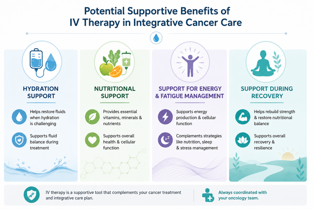 IV Therapy as Integrative Cancer Care: Understanding Its Supportive Role During Treatment and Recovery 1 Infographic highlighting the potential supportive benefits of IV therapy in integrative cancer care, including hydration, nutritional support, energy support, and recovery during cancer treatment.